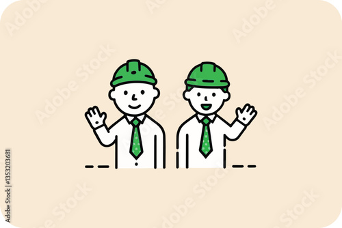 Two Construction Workers Waving, Wearing Helmets, Green Ties