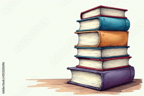 Hand-drawn illustration of a towering stack of books , bookshelf, literary