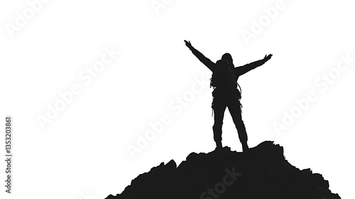 A person on a mountain top celebrates with raised arms
