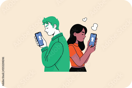 Two People Back to Back, Holding Smartphones, Hearts