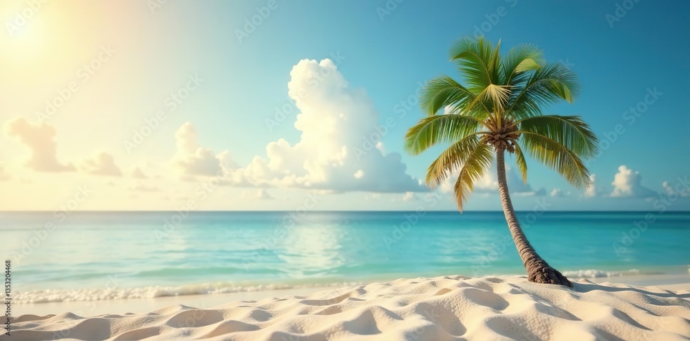 Obraz premium Abstract seascape with a solitary palm tree on a sandy tropical beach, with a soft blur of bokeh light illuminating the calm sea and sky in the background, vacation, palm tree