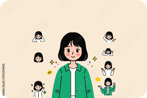 Woman with Multiple Expressions, Emotions, Stars, Yellow Coins