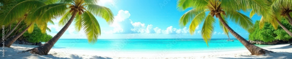 Fototapeta premium Palm trees swaying gently in the warm ocean breeze, surrounded by white sandy beach and turquoise waters , beachy, ocean