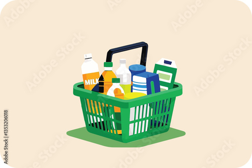 Full shopping basket with diverse groceries, ready for checkout and consumption.