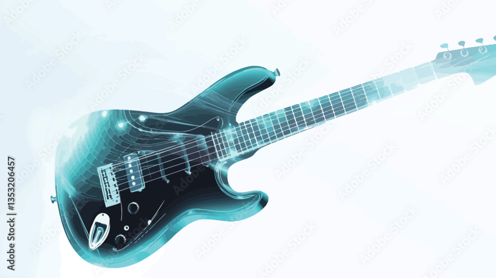Obraz premium The image showcases a digital rendering of an electric guitar. The guitar is depicted in a style that resembles an x-ray or wireframe, with a semi-transparent body revealing internal structures.