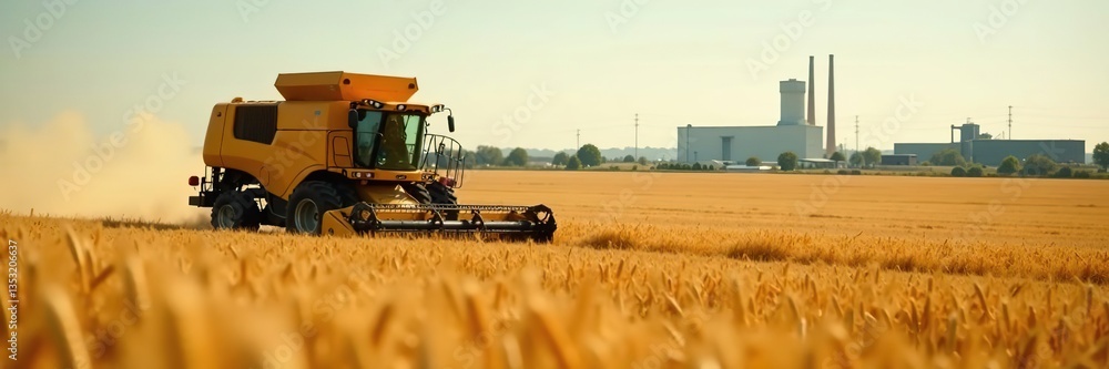 Obraz premium A close-up of a machine harvesting wheat in a vast agricultural field with a factory in the background, wheat, grain