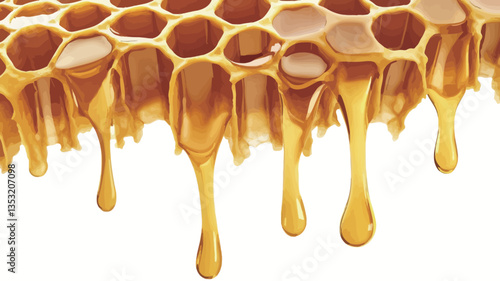 Close-up shot of a section of honeycomb with honey dripping from the cells. The honey is a rich golden color and has a viscous texture. The honeycomb structure is clearly visible, showing the