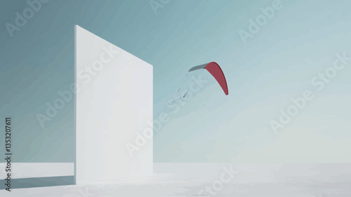 The image presents a digitally created scene featuring a red paraglider in flight against a backdrop of a pale blue sky and a large, simple white geometric structure.  The structure is rectilinear,