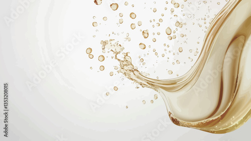 Close-up shot of a golden liquid splash against a white background. The liquid is depicted in motion, creating a dynamic wave-like form with smaller droplets and bubbles scattered around the main