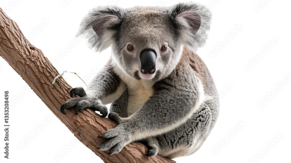 Obraz premium Koala Bear's Arboreal Perch: a charming koala perched on a branch, showcasing its unique features in a captivating portrait. A symbol of Australian fauna.