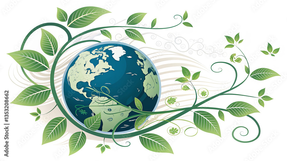 Earth globe surrounded by green leafy vines on a white background in an illustrative style Earth globe surrounded by green leafy vines on a white background in an illustrative style