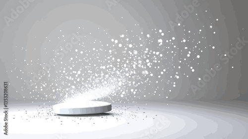 A digitally generated image depicts a single, round, white tablet on a light gray surface.  The tablet appears to be dissolving, with numerous small, white particles emanating outwards in a