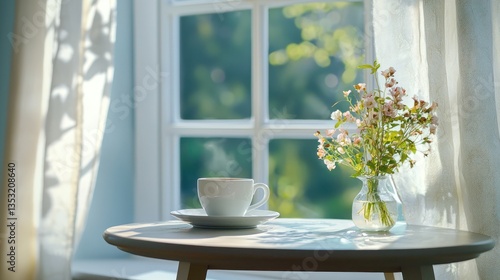 A cozy morning scene with a cup of instant coffee on a table by the window.