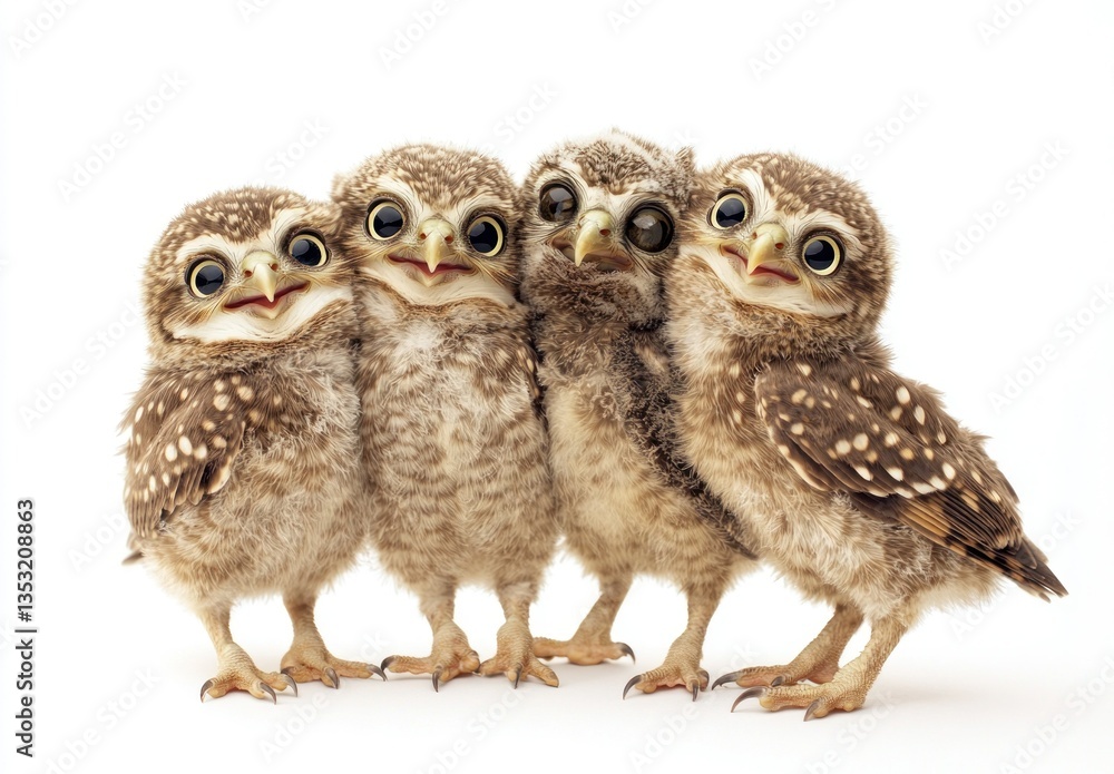 Fototapeta premium white background. Four small owls of different sizes stand on the floor and look at each other with big eyes