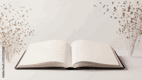 High-angle, close-up view of an open hardcover book with blank, white pages.  The book is positioned centrally on a white surface.  On either side, blurred clusters of dried, light-colored floral