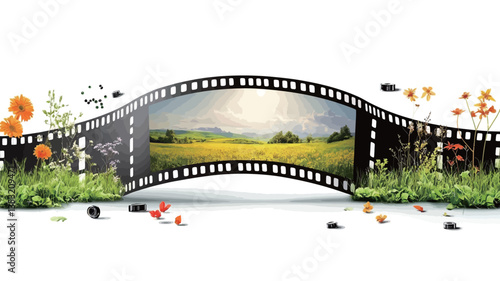 A digitally manipulated image depicting a curved filmstrip against a white background. The filmstrip frames a vibrant landscape scene showing a sunlit field of yellow flowers.  Green grass and