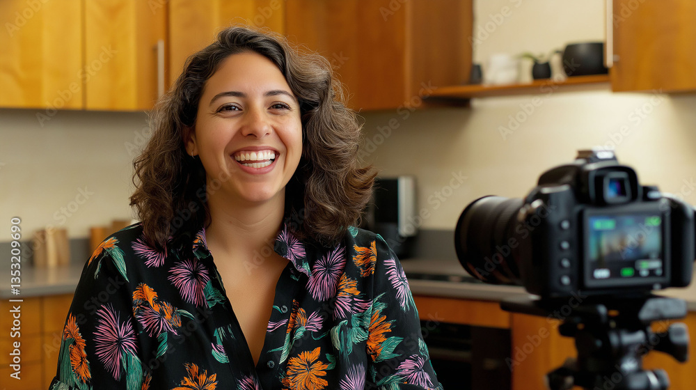 A smiling Latina in her thirties sits happily in front of the camera, recording cooking content for a video. A smiling Latina in her thirties sits happily in front of the camera, recording cooking content for a video.