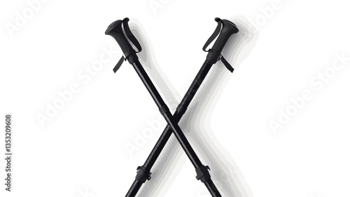 High-angle, close-up studio shot of a pair of black trekking poles arranged in an 'X' shape against a white background.  The poles are sleek and appear to be made of a matte black material.  They