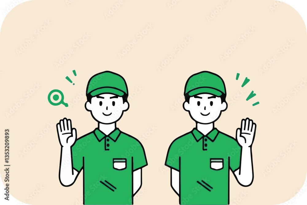 Two Workers Waving Hello: Service, Greetings, and Assistance Vector Illustration Art Two Workers Waving Hello: Service, Greetings, and Assistance Vector Illustration Art