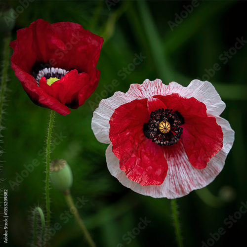 Red and White Poppy Flowers in Bloom Against Green Garden Background