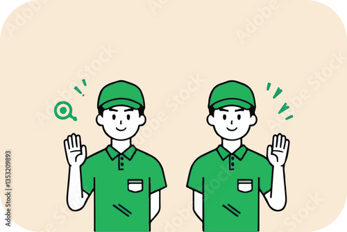 Two Workers Waving Hello: Service, Greetings, and Assistance Vector Illustration Art