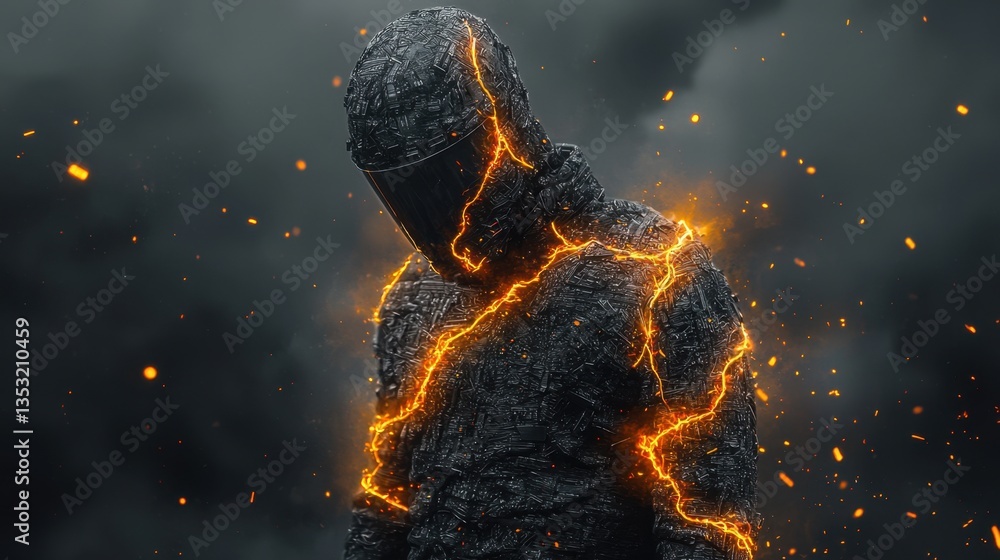 Obraz premium A mysterious figure made of dark material, illuminated by vibrant orange cracks, stands against a smoky background, evoking a sense of power and intrigue.