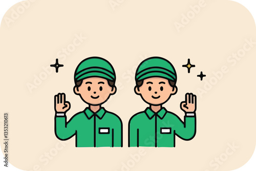 Two Workers Waving Hello: Service, Greeting, and Welcome Vector Illustration