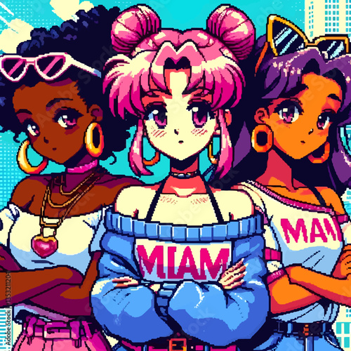 Niñas en un estilo pixelado colorido de dibujos animados, realizadas en formato de gráficos vectoriales EPS10, con tonos vivos y un diseño juguetón, perfectas para proyectos infantiles e ilustraciones