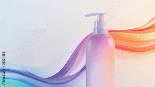 A 3D rendered image showcasing a tall, cylindrical pump bottle with a white pump. The bottle is translucent, exhibiting a soft gradient of pastel colors, primarily pinks, purples, and oranges.  It