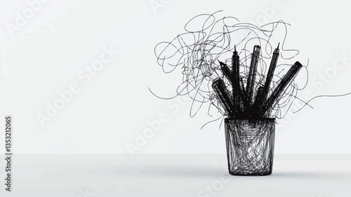 A monochrome image depicting several black pencils standing upright in a textured, clear glass holder against a plain white background.  The pencils are partially obscured by a mass of tangled,