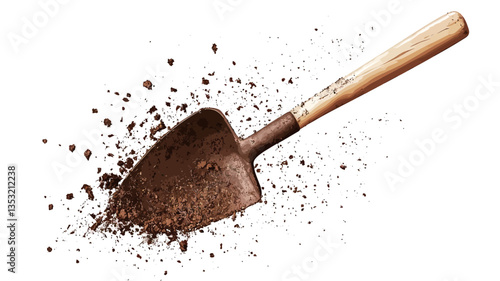 A close-up studio shot against a white background depicts a small, dark brown garden trowel with a light brown wooden handle.  The trowel is positioned slightly angled, and dark brown soil is
