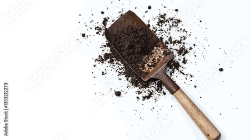 High-angle, close-up view of a small, wooden-handled trowel with dark brown soil clinging to its blade and scattered around it on a clean white background. The soil appears moist and crumbly. The