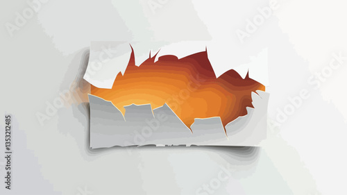 High-angle, close-up view of a rectangular piece of white paper with an irregularly shaped hole torn in the center. The hole reveals a background of warm orange glow, appearing as light or