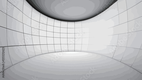 The image depicts a 3D rendering of an abstract interior space. The walls and floor are composed of a repeating grid pattern of square tiles, curving inwards to create a concave, cylindrical shape.