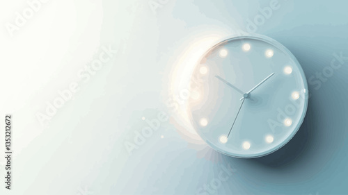 The image features a digitally rendered illustration of a minimalist white circular clock on a light blue wall. The clock has simple black hands and numerals, and small, subtle lights around the