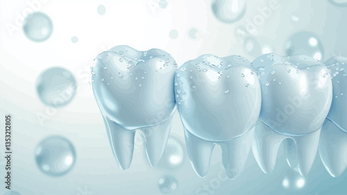 Close-up view of a digitally rendered set of healthy, white teeth. The teeth are glossy and appear wet, surrounded by translucent water bubbles. The background is a soft, light blue gradient.  The