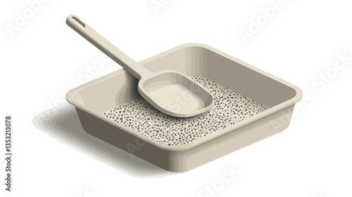 A high-angle, close-up studio shot depicts a beige, square-shaped plastic pet litter box partially filled with light-colored granules. A matching beige plastic scoop rests inside the box. The image