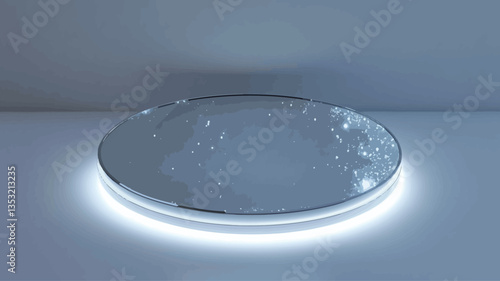 Close-up studio shot of a circular, reflective platform with a subtle, diffused white LED light ring around its base. The platform appears smooth and clean, with minimal texture visible on its