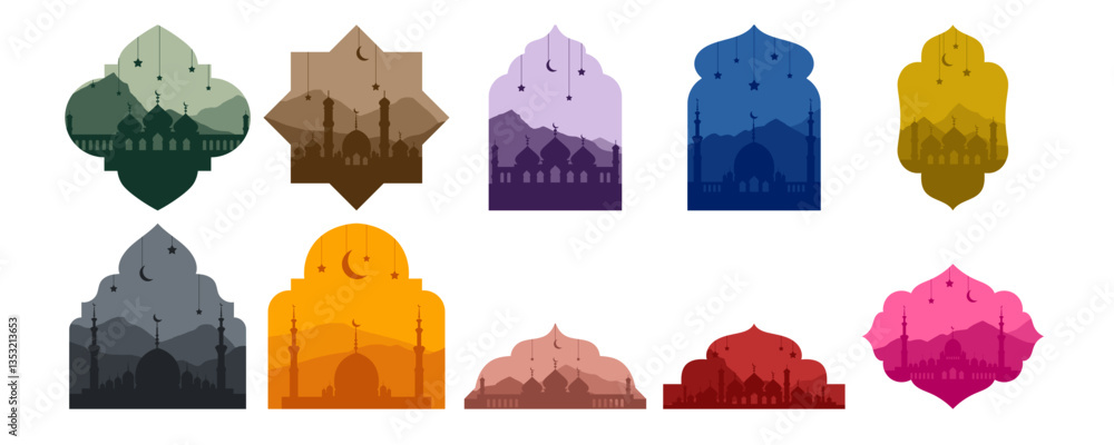 Set of islamic silhouette frame for eid mubarak, ramadan, islamic event decorative. Silhouette landscape with camel, palm tree, mosque in desert and sand Set of islamic silhouette frame for eid mubarak, ramadan, islamic event decorative. Silhouette landscape with camel, palm tree, mosque in desert and sand