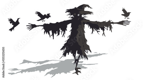Digital illustration of a dark, ragged scarecrow with outstretched arms. The scarecrow is depicted in a gothic style, with a pointed hat and tattered clothing. Three crows are positioned around the