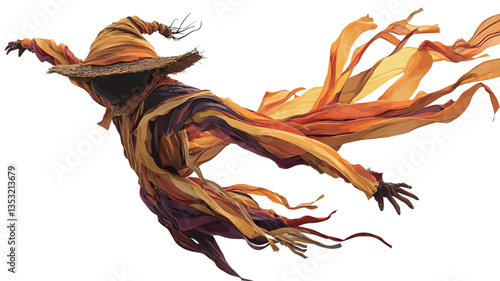 A digital illustration depicting a wizard or sorcerer in mid-air, appearing to be falling or flying.  The figure is cloaked in a flowing robe with colors ranging from deep purple to bright orange