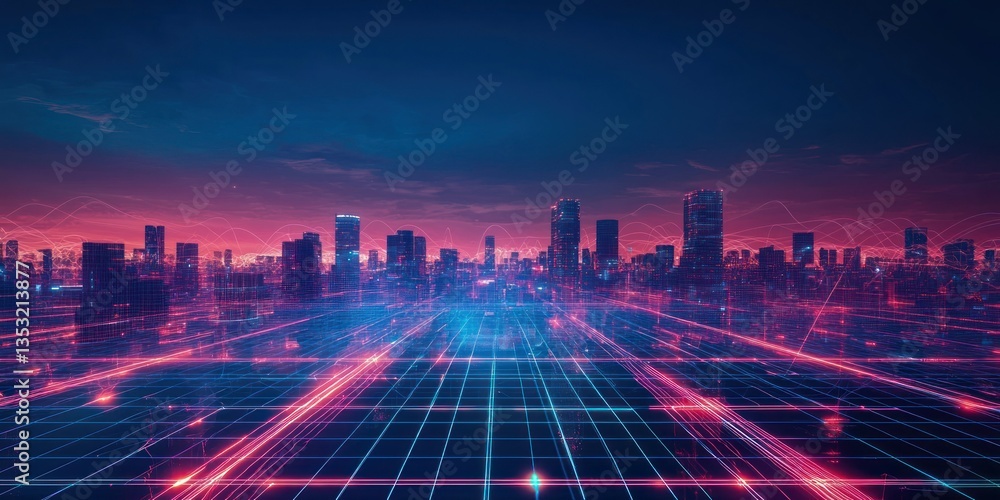 A glowing wireframe cityscape with a neon grid floor stretching into the horizon A glowing wireframe cityscape with a neon grid floor stretching into the horizon