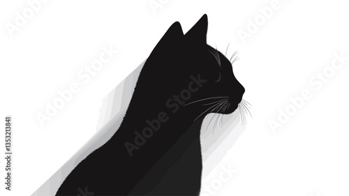 The image is a minimalist illustration or graphic design featuring a profile silhouette of a black cat against a pure white background.  The cat is rendered in solid black, with a subtle shadow