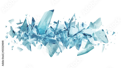 The image depicts a collection of numerous, irregularly shaped fragments of shattered blue glass.  The pieces vary in size and transparency, with some showing sharper edges than others. The glass