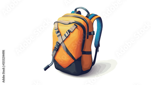 An illustration of an orange backpack against a white background. The backpack is depicted in a realistic style, showing details such as straps, buckles, and compartments.  The backpack has a