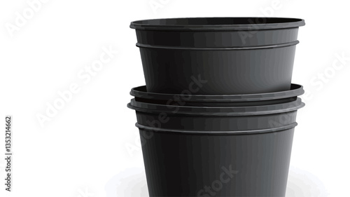 Close-up studio shot of three identical black cylindrical containers stacked on top of each other against a white background.  The containers appear to be made of plastic or a similar material. The