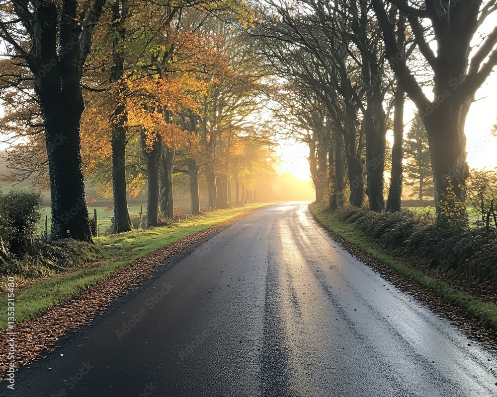 Fototapeta premium Serene road amid autumn trees in soft light.