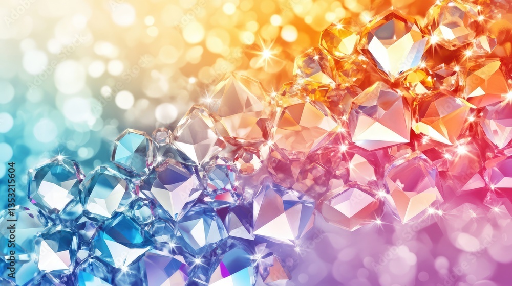 Colorful sparkling crystals with a gradient background, reflecting light and creating a vibrant atmosphere Colorful sparkling crystals with a gradient background, reflecting light and creating a vibrant atmosphere