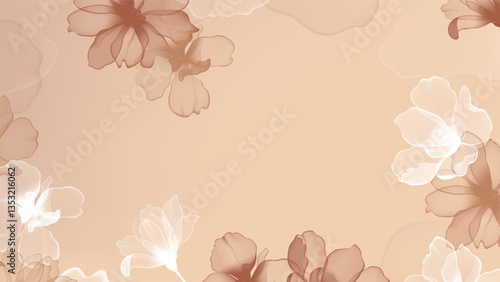 Floral abstract background, a soft, translucent flowers in shades of brown and white on a light peach background, creating a frame-like effect with a blank space in the center