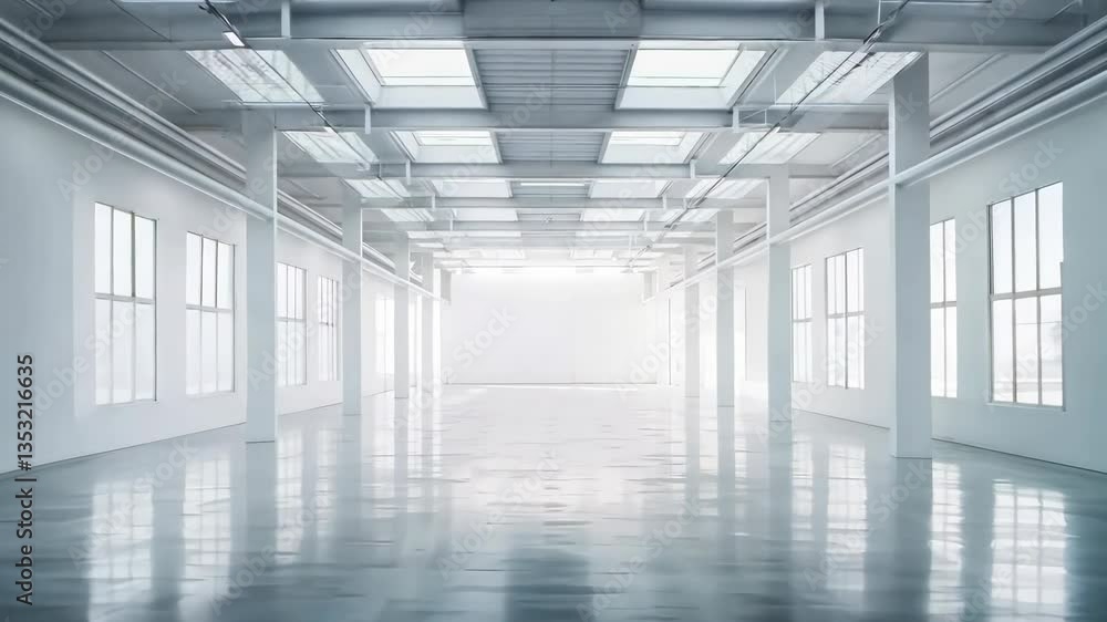 Wide-angle shot of a spacious, minimalist white warehouse with large windows and skylights, creating a bright, open atmosphere. Ideal for video backdrops. Live desktop wallpaper. Wide-angle shot of a spacious, minimalist white warehouse with large windows and skylights, creating a bright, open atmosphere. Ideal for video backdrops. Live desktop wallpaper.